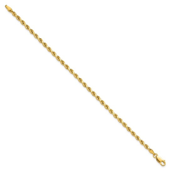 Cadena de Pulsera de 14K de 8 Pulgadas y 3 mm con Diseño de Cuerda Semisólida y Corte Diamante