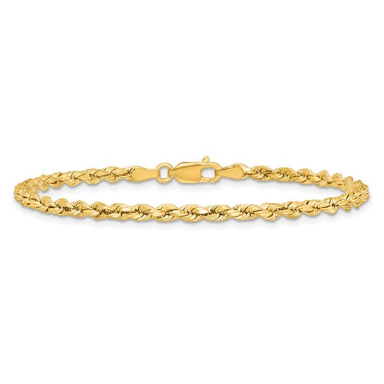 Cadena de Pulsera de 14K de 8 Pulgadas y 3 mm con Diseño de Cuerda Semisólida y Corte Diamante