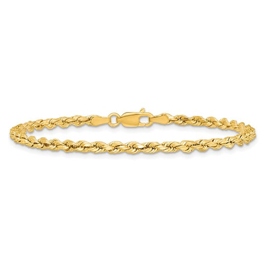 Cadena de Pulsera de 14K de 8 Pulgadas y 3 mm con Diseño de Cuerda Semisólida y Corte Diamante
