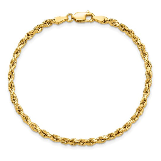 Cadena de Pulsera de 14K de 8 Pulgadas y 3 mm con Diseño de Cuerda Semisólida y Corte Diamante