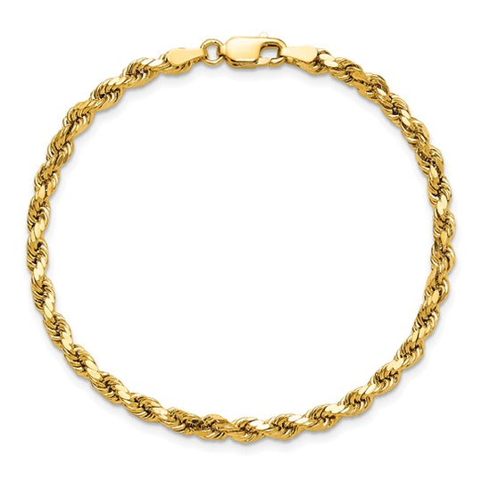14k Diamond Cut Semi-Solid Rope Chain 3.5mm with Lobster Clasp (Bracelet) 