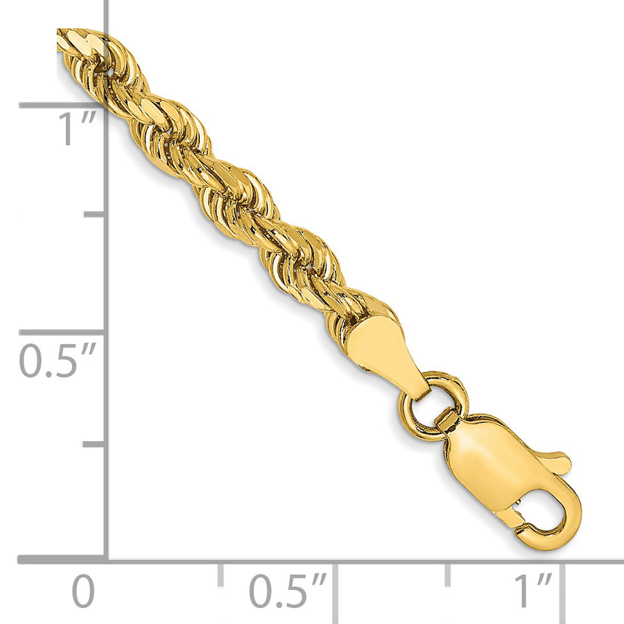 Cadena de Cuerda Semi Sólida de 14k con Corte Diamante de 3.5mm y Cierre de Langosta (Pulsera)