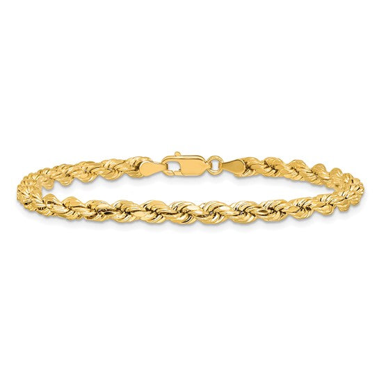 14K Yellow Gold Semi-Solid Rope Bracelet, 7 Inches, 4 mm with Lobster Clasp