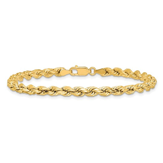 14K Yellow Gold Semi-Solid Rope Bracelet, 7 Inches, 4 mm with Lobster Clasp