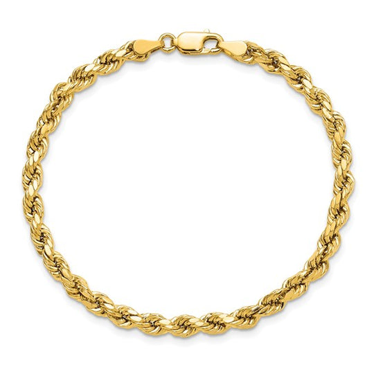 14K Yellow Gold Semi-Solid Rope Bracelet, 7 Inches, 4 mm with Lobster Clasp