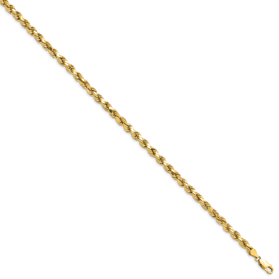 Pulsera de Oro Amarillo de 14K — 7 pulgadas, 4.9 mm, Estilo Cuerda Semi Sólida con Corte Diamante y Cierre de Langosta