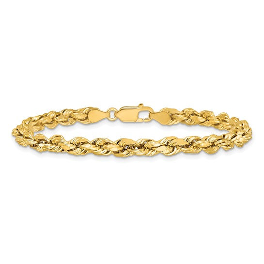 Pulsera de Oro Amarillo de 14K — 7 pulgadas, 4.9 mm, Estilo Cuerda Semi Sólida con Corte Diamante y Cierre de Langosta