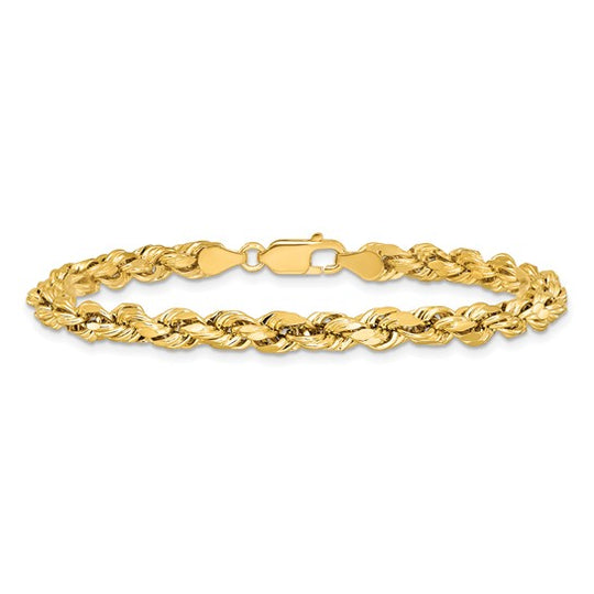 Pulsera de Oro Amarillo de 14K — 7 pulgadas, 4.9 mm, Estilo Cuerda Semi Sólida con Corte Diamante y Cierre de Langosta