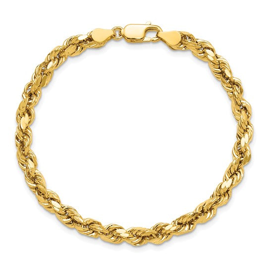 Pulsera de Oro Amarillo de 14K — 7 pulgadas, 4.9 mm, Estilo Cuerda Semi Sólida con Corte Diamante y Cierre de Langosta
