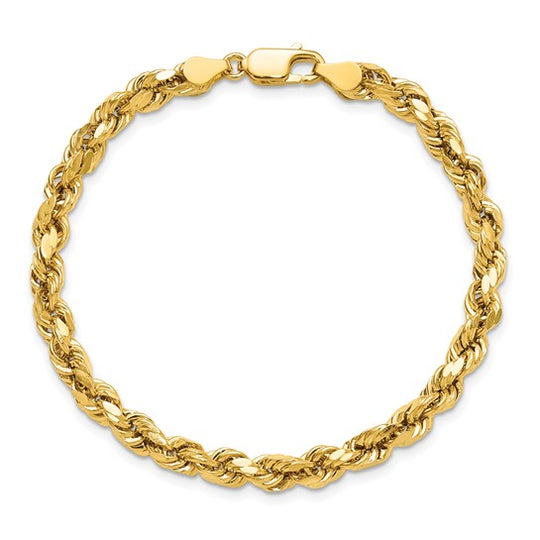 Pulsera de Oro Amarillo de 14K — 7 pulgadas, 4.9 mm, Estilo Cuerda Semi Sólida con Corte Diamante y Cierre de Langosta