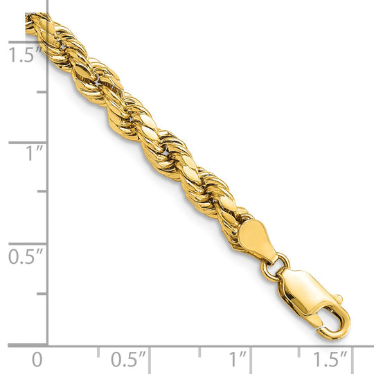 Pulsera de Oro Amarillo de 14K — 7 pulgadas, 4.9 mm, Estilo Cuerda Semi Sólida con Corte Diamante y Cierre de Langosta