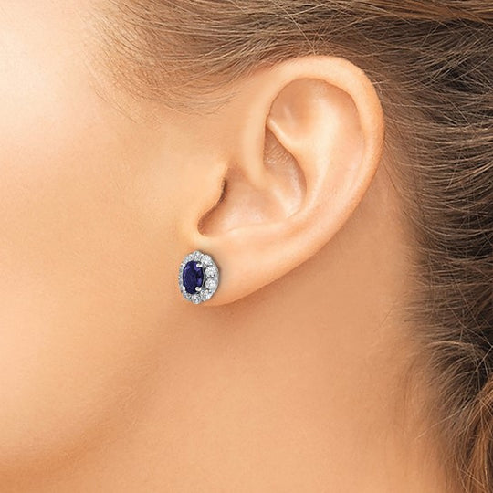 14k White Gold Stud Earrings with 1 1/5 Carat Lab Created Diamonds and Lab Created Sapphire with Halo