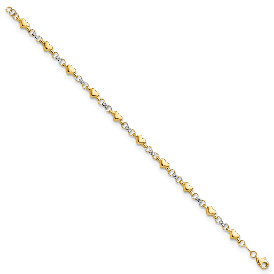 Pulsera de Corazón D/C Pulida de Dos Tonos en Oro 14K de 7.5 Pulgadas