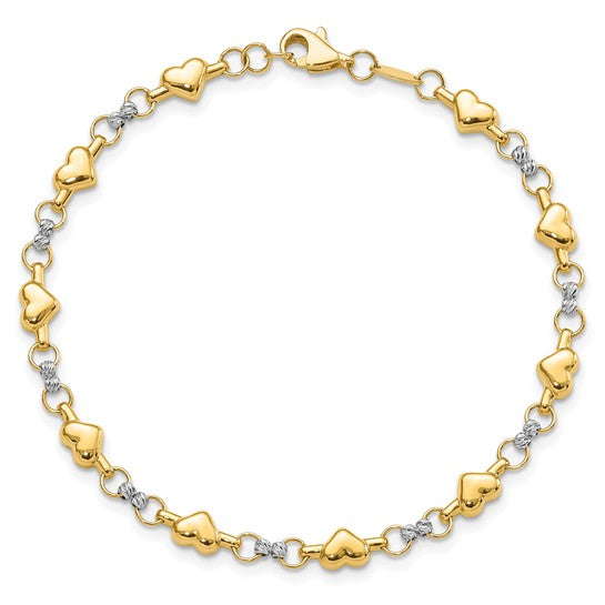 Pulsera de Corazón D/C Pulida de Dos Tonos en Oro 14K de 7.5 Pulgadas