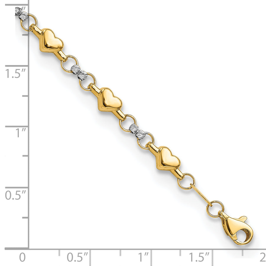 Pulsera de Corazón D/C Pulida de Dos Tonos en Oro 14K de 7.5 Pulgadas