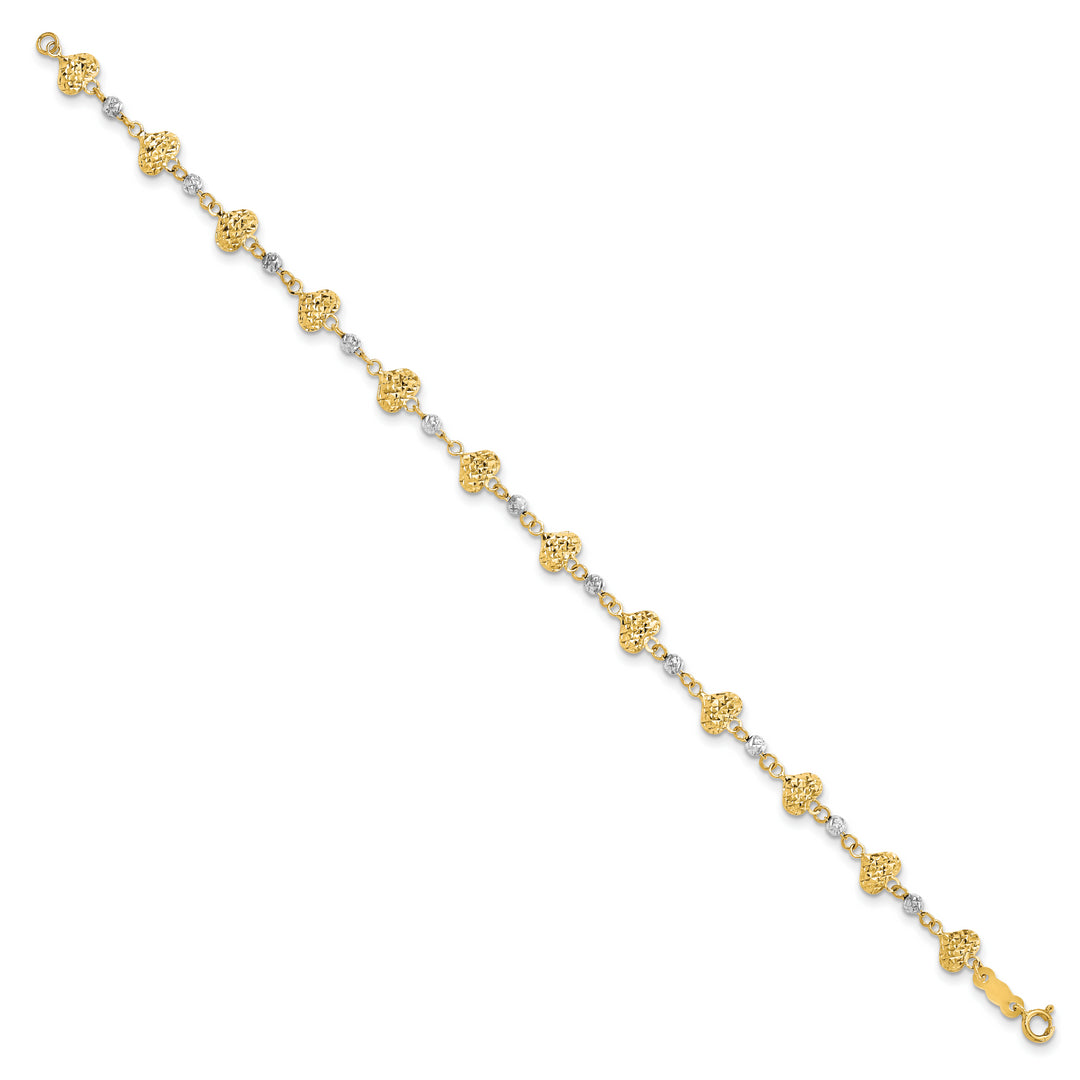 Pulsera de 7 Pulgadas en Oro Bicolor de 14K con Corazones y Cuentas con Corte de Diamante