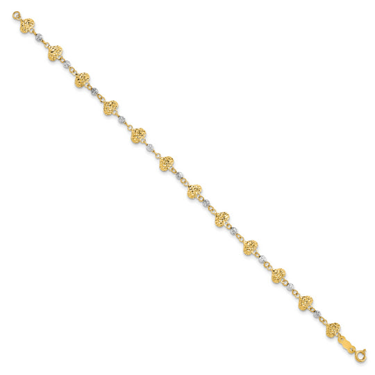 Pulsera de 7 Pulgadas en Oro Bicolor de 14K con Corazones y Cuentas con Corte de Diamante