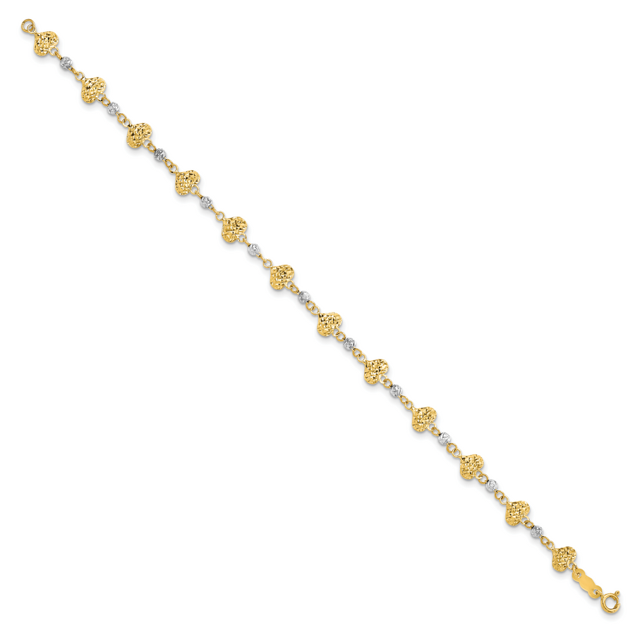 Pulsera de 7 Pulgadas en Oro Bicolor de 14K con Corazones y Cuentas con Corte de Diamante