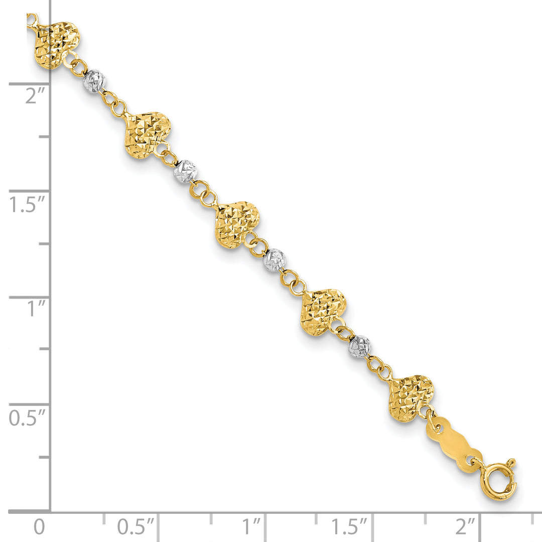 Pulsera de 7 Pulgadas en Oro Bicolor de 14K con Corazones y Cuentas con Corte de Diamante