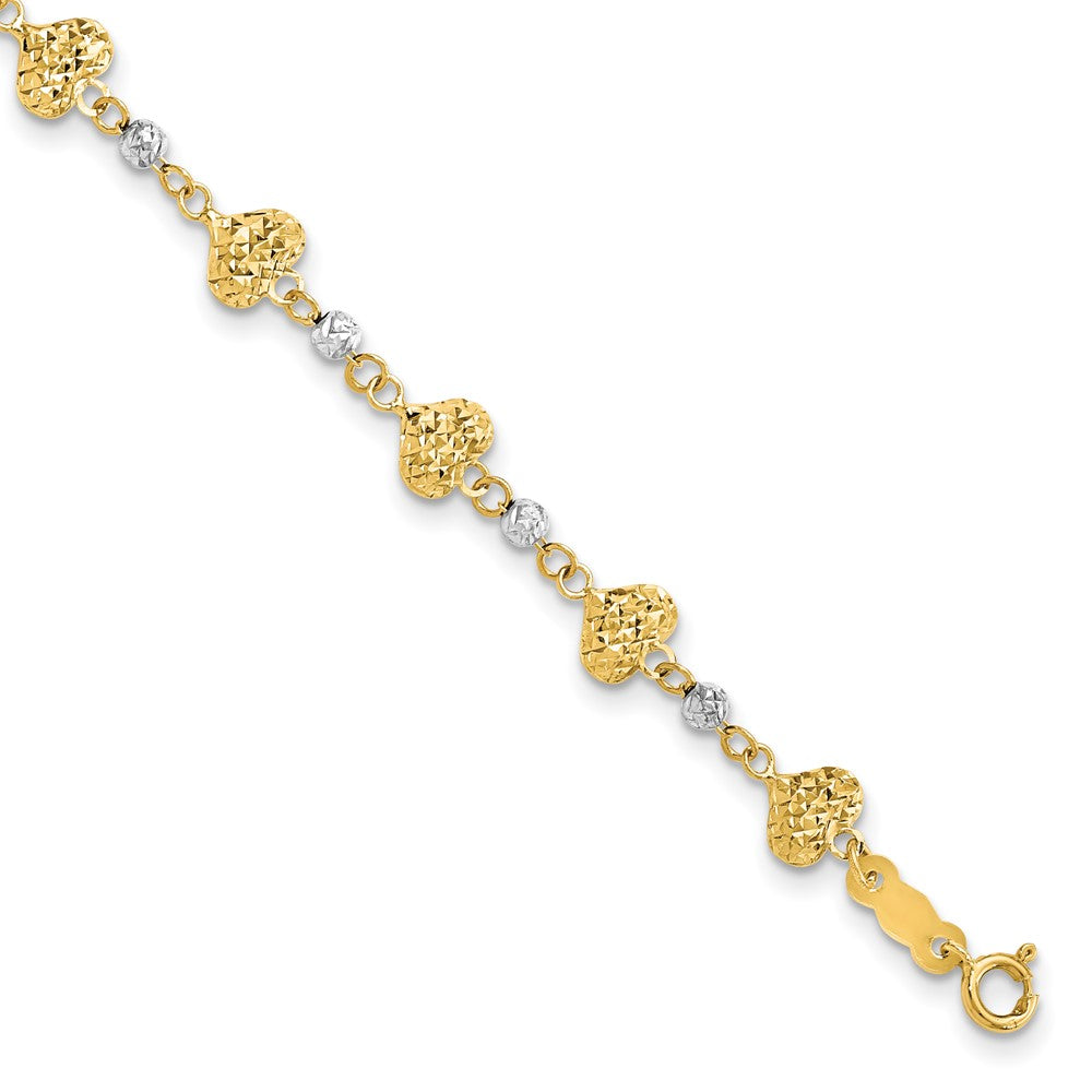 Pulsera de 7 Pulgadas en Oro Bicolor de 14K con Corazones y Cuentas con Corte de Diamante