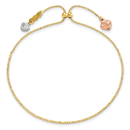 Pulsera Ajustable 14K Tri-color Corte Diamante Corazón