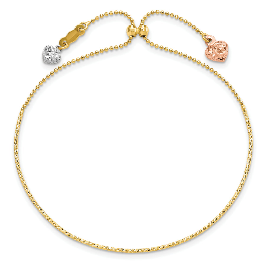 Pulsera Ajustable 14K Tri-color Corte Diamante Corazón