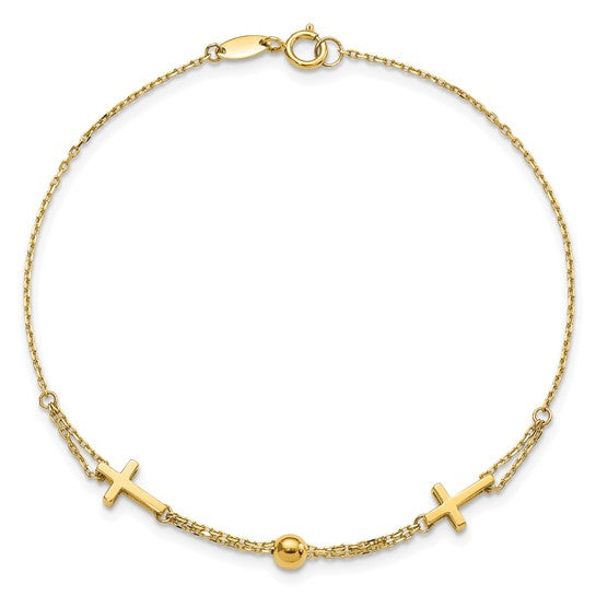 Pulsera de Doble Cadena con Cruz en Oro de 14k Pulido