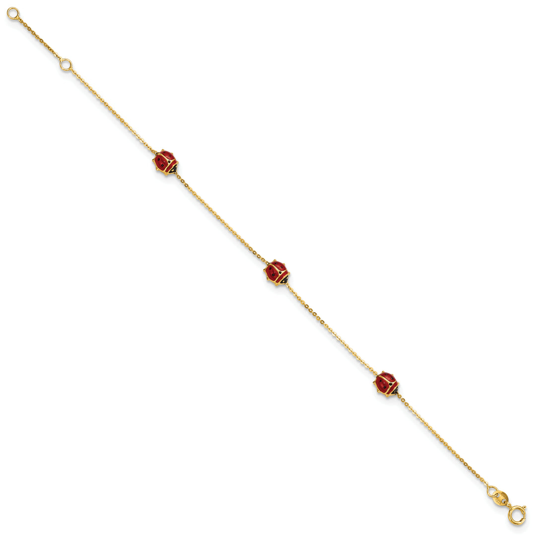 Pulsera Pulida de Mariquitas Esmaltadas en Oro 14K de 6.5 Pulgadas con Extensión de 0.75 Pulgadas