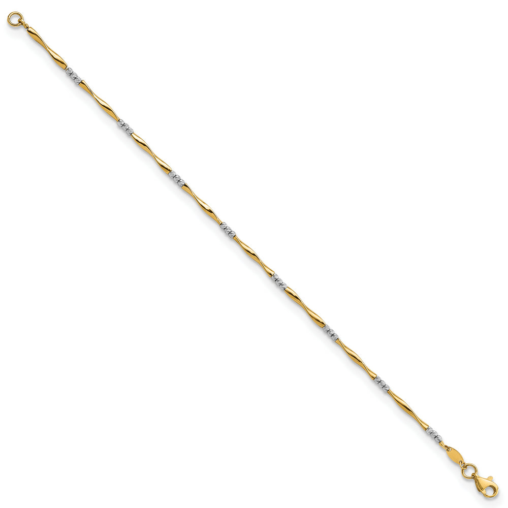 Pulsera 14K Dos Tonos Cortada en Diamante, Ondulada y con Esferas de 7.5 Pulgadas