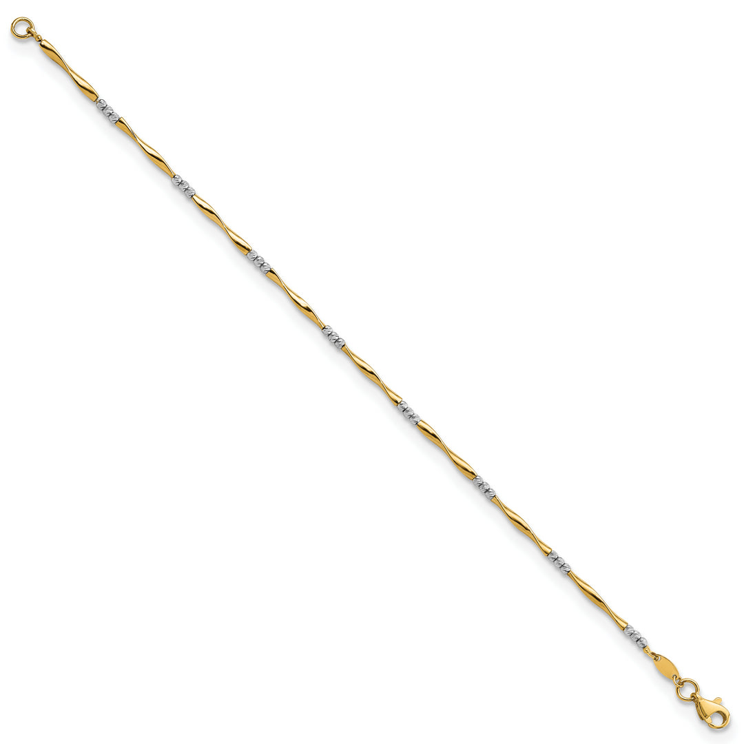 Pulsera 14K Dos Tonos Cortada en Diamante, Ondulada y con Esferas de 7.5 Pulgadas