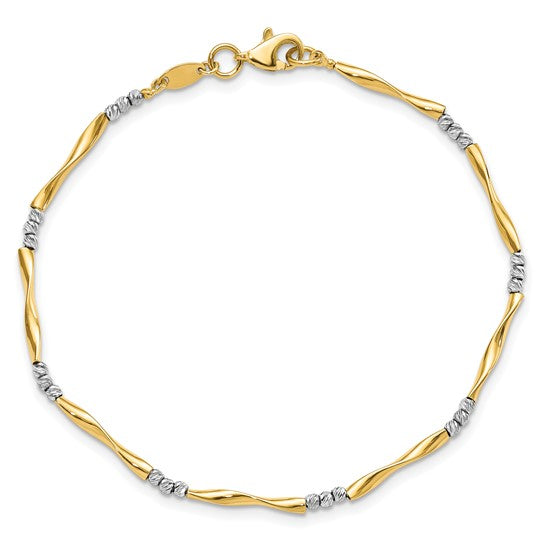 Pulsera 14K Dos Tonos Cortada en Diamante, Ondulada y con Esferas de 7.5 Pulgadas