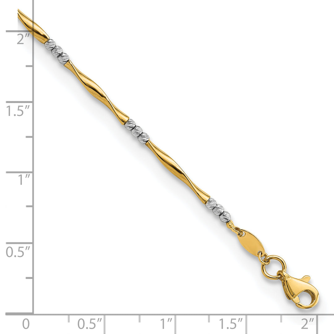 Pulsera 14K Dos Tonos Cortada en Diamante, Ondulada y con Esferas de 7.5 Pulgadas