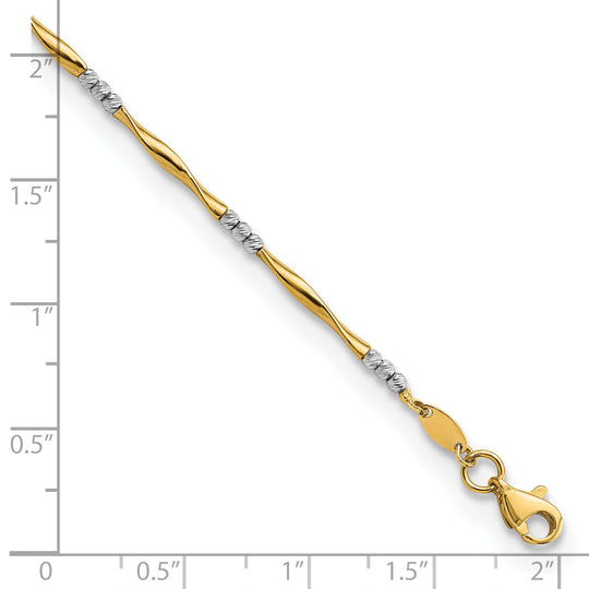 Pulsera 14K Dos Tonos Cortada en Diamante, Ondulada y con Esferas de 7.5 Pulgadas