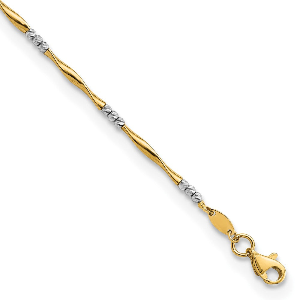 Pulsera 14K Dos Tonos Cortada en Diamante, Ondulada y con Esferas de 7.5 Pulgadas