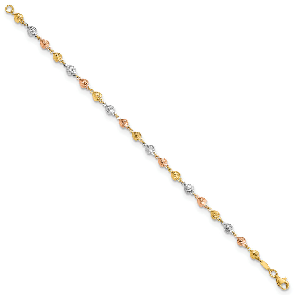 Pulsera de Corazones Pulidos y Diamantados de 14K Tricolor de 7.5 Pulgadas