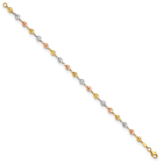 Pulsera de Corazones Pulidos y Diamantados de 14K Tricolor de 7.5 Pulgadas