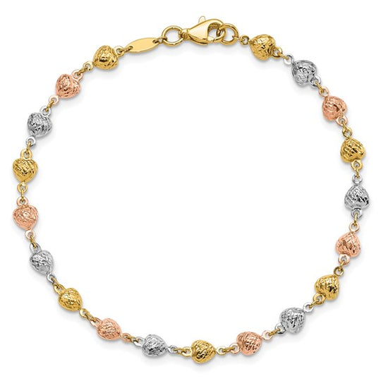 Pulsera de Corazones Pulidos y Diamantados de 14K Tricolor de 7.5 Pulgadas