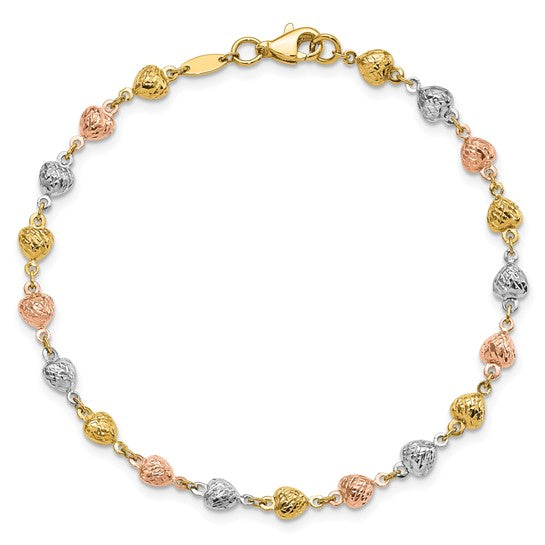Pulsera de Corazones Pulidos y Diamantados de 14K Tricolor de 7.5 Pulgadas