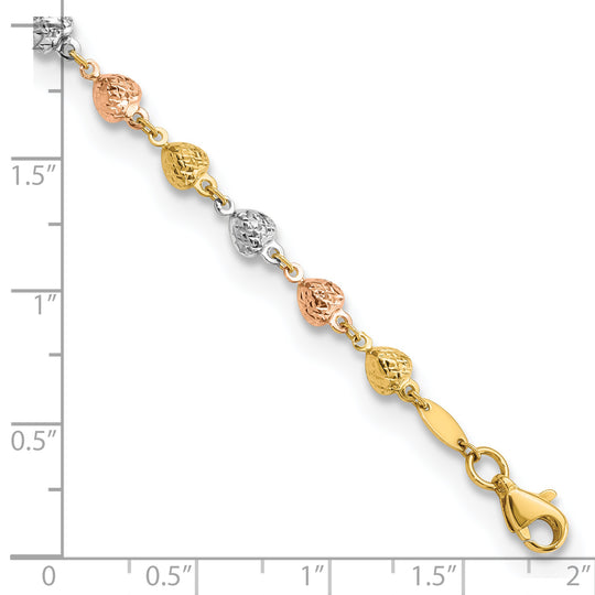 Pulsera de Corazones Pulidos y Diamantados de 14K Tricolor de 7.5 Pulgadas