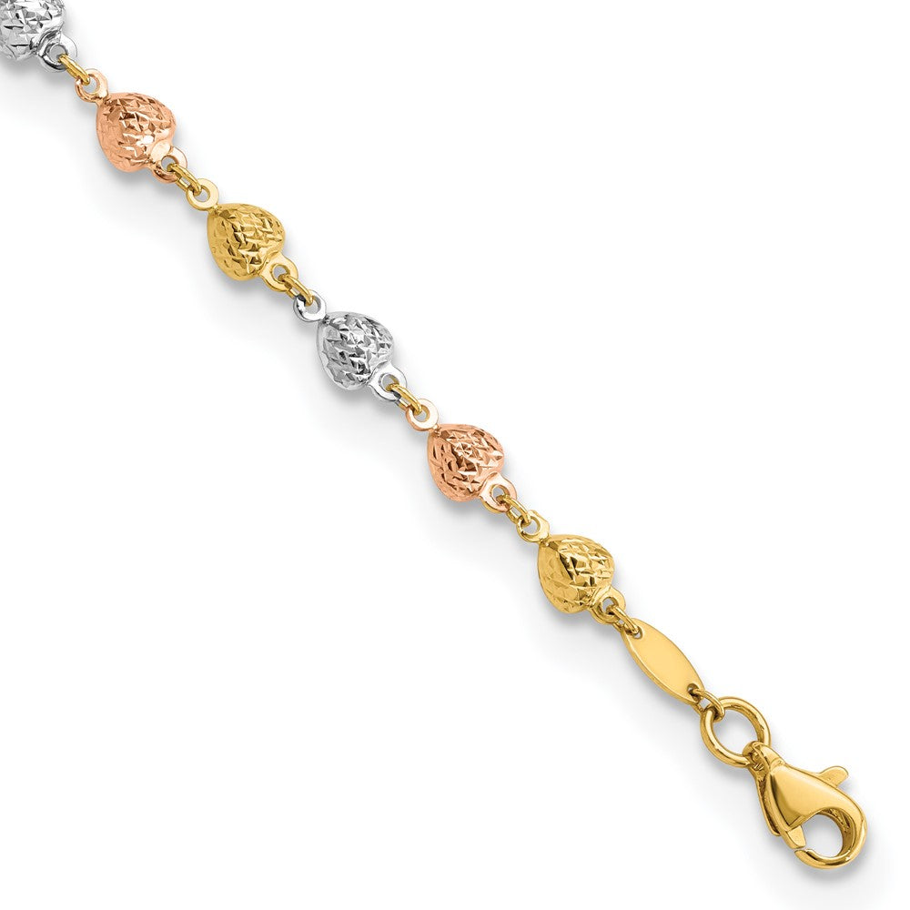 Pulsera de Corazones Pulidos y Diamantados de 14K Tricolor de 7.5 Pulgadas