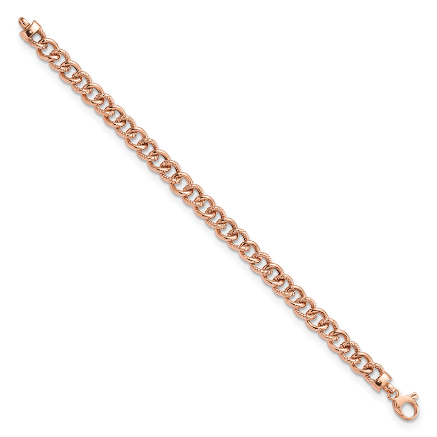 Pulsera 14K Oro Rosa Pulida y Texturizada con Enlace Fancy