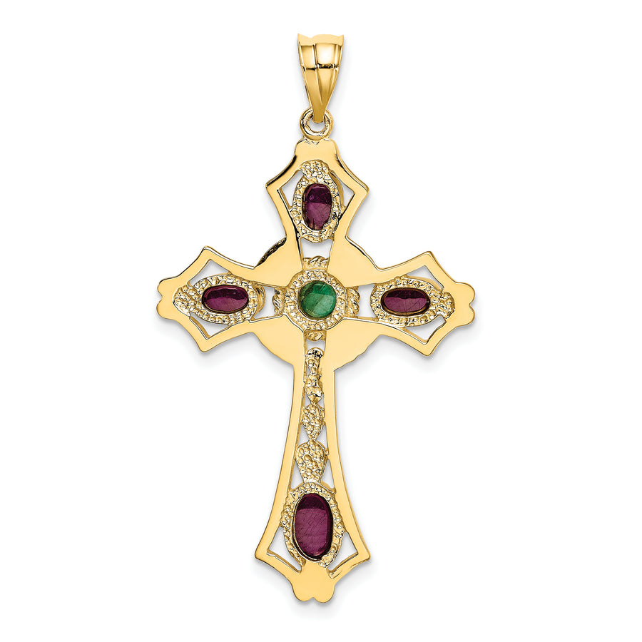 Colgante de Cruz con Cabujón de Rubí y Esmeralda de 14K