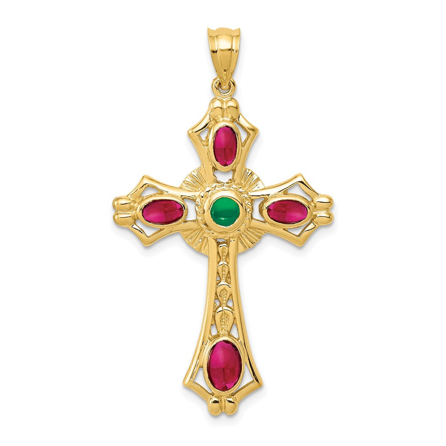 Colgante de Cruz con Cabujón de Rubí y Esmeralda de 14K