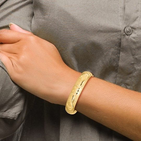 14K Yellow Gold Hinged Bracelet with Florentine Engraving and Polished and Brushed Finish