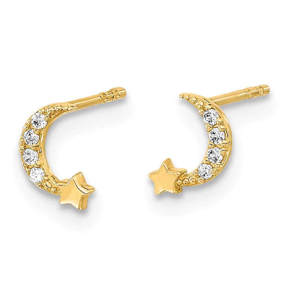 Pendientes de Botón de Oro Amarillo de 14k Pulido con Luna y Estrella y Circonitas Cúbicas (CZ) - Madi K