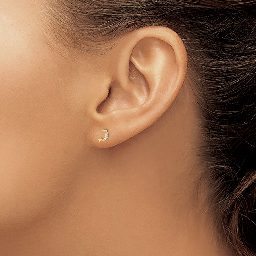Pendientes de Botón de Oro Amarillo de 14k Pulido con Luna y Estrella y Circonitas Cúbicas (CZ) - Madi K