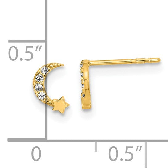Pendientes de Botón de Oro Amarillo de 14k Pulido con Luna y Estrella y Circonitas Cúbicas (CZ) - Madi K