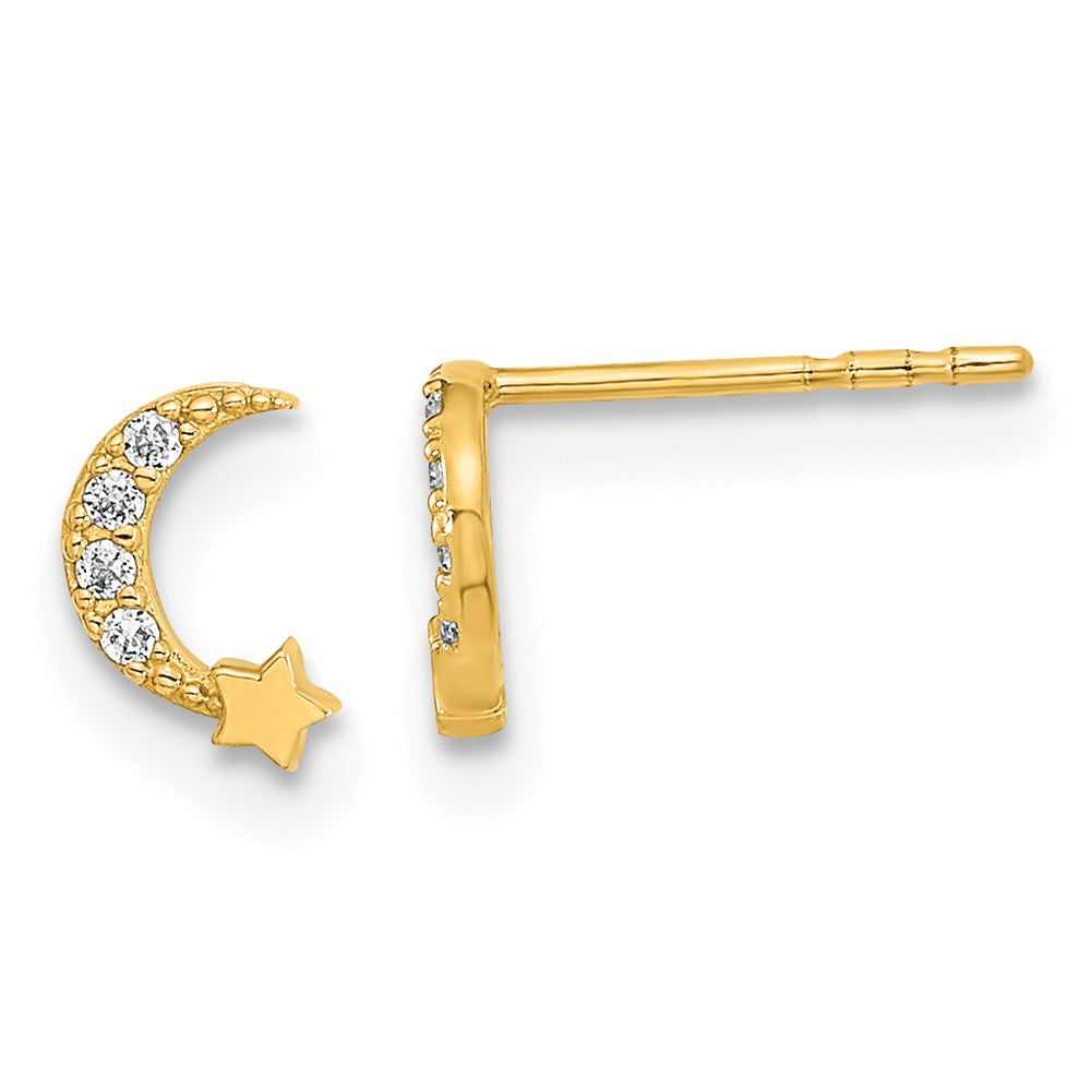 Pendientes de Botón de Oro Amarillo de 14k Pulido con Luna y Estrella y Circonitas Cúbicas (CZ) - Madi K