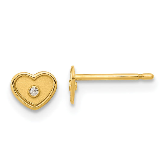 Madi K 14k Yellow Gold Brushed and Polished CZ Heart Post Earrings