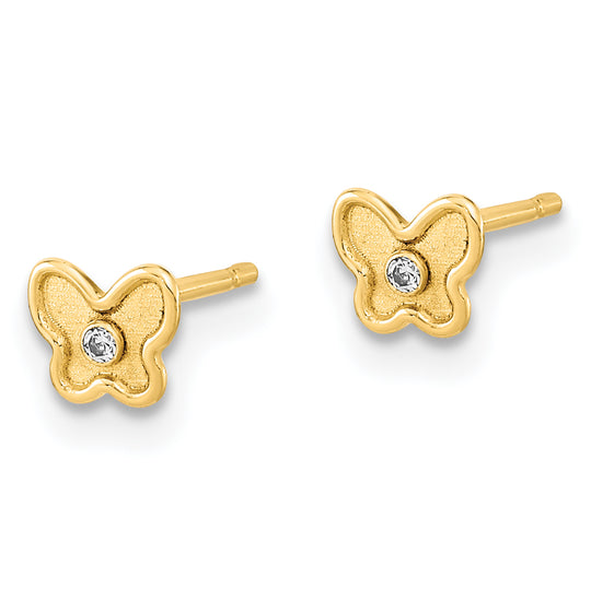 Pendientes de Botón de Oro Amarillo de 14k Pulido y Satinado con Mariposa y Circonitas Cúbicas (CZ) - Madi K